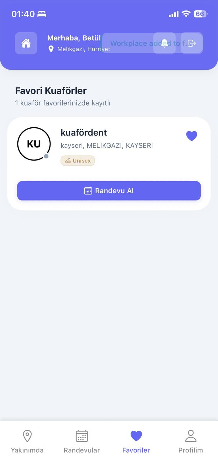 Kuaför Asistan favori kuaförler ekranı