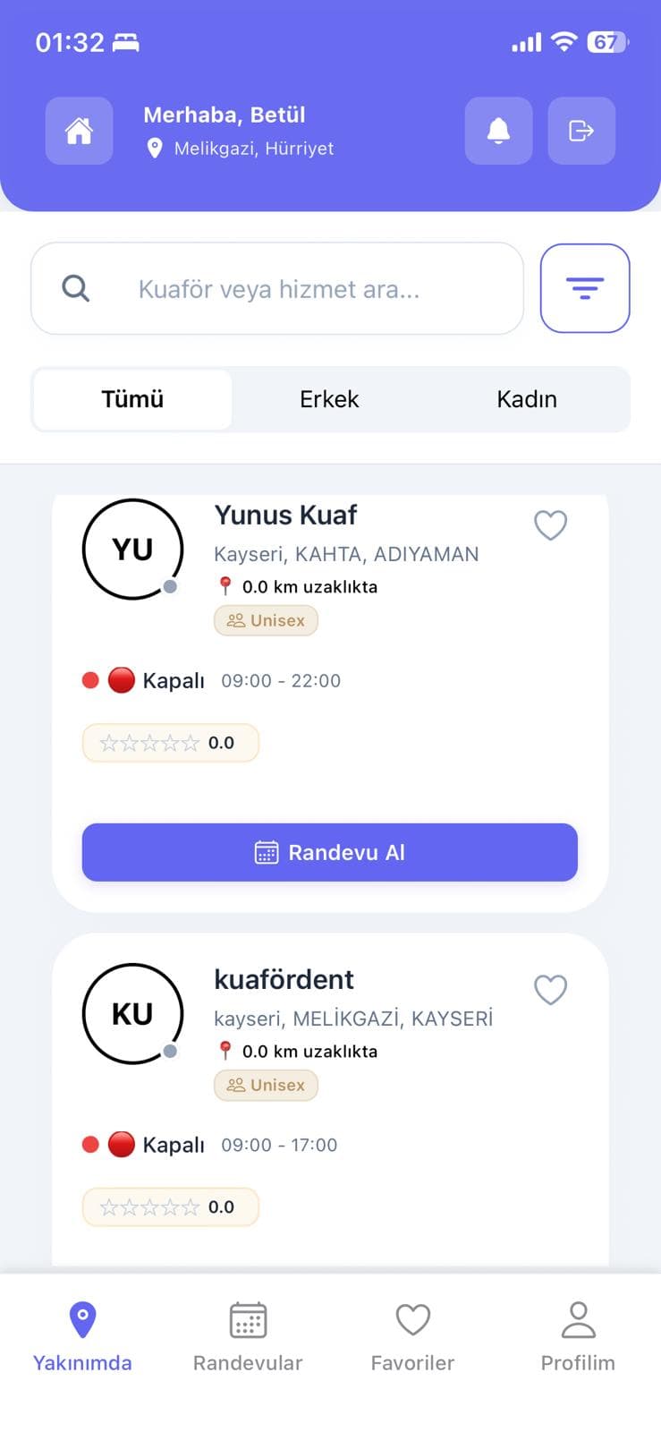 Kuaför Asistan yakınındaki kuaförleri listeleme ekranı