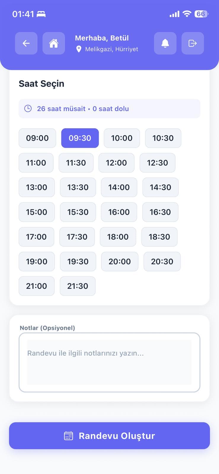 Kuaför Asistan randevu saati seçim ekranı