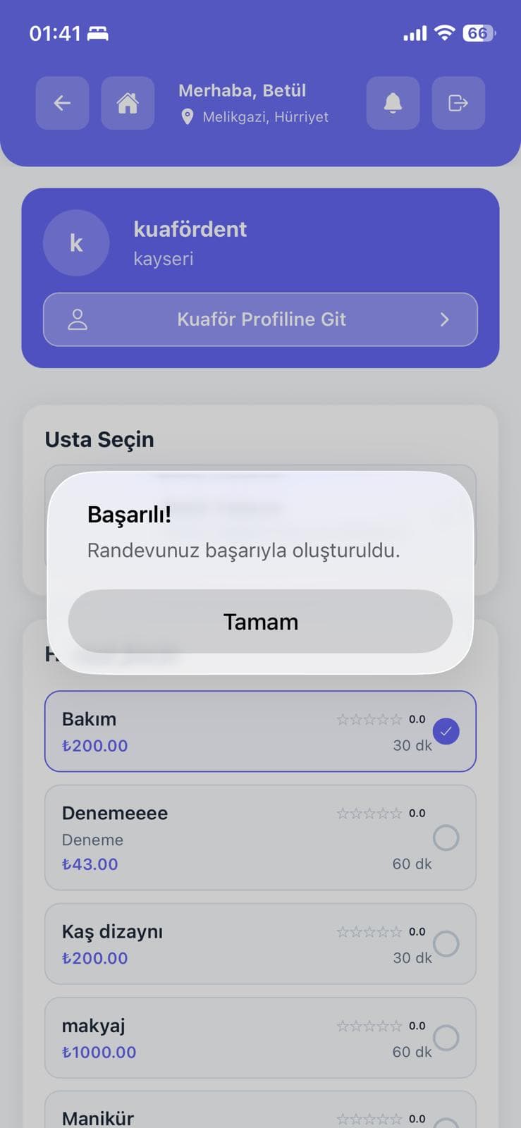 Kuaför Asistan randevu başarılı oluşturma ekranı